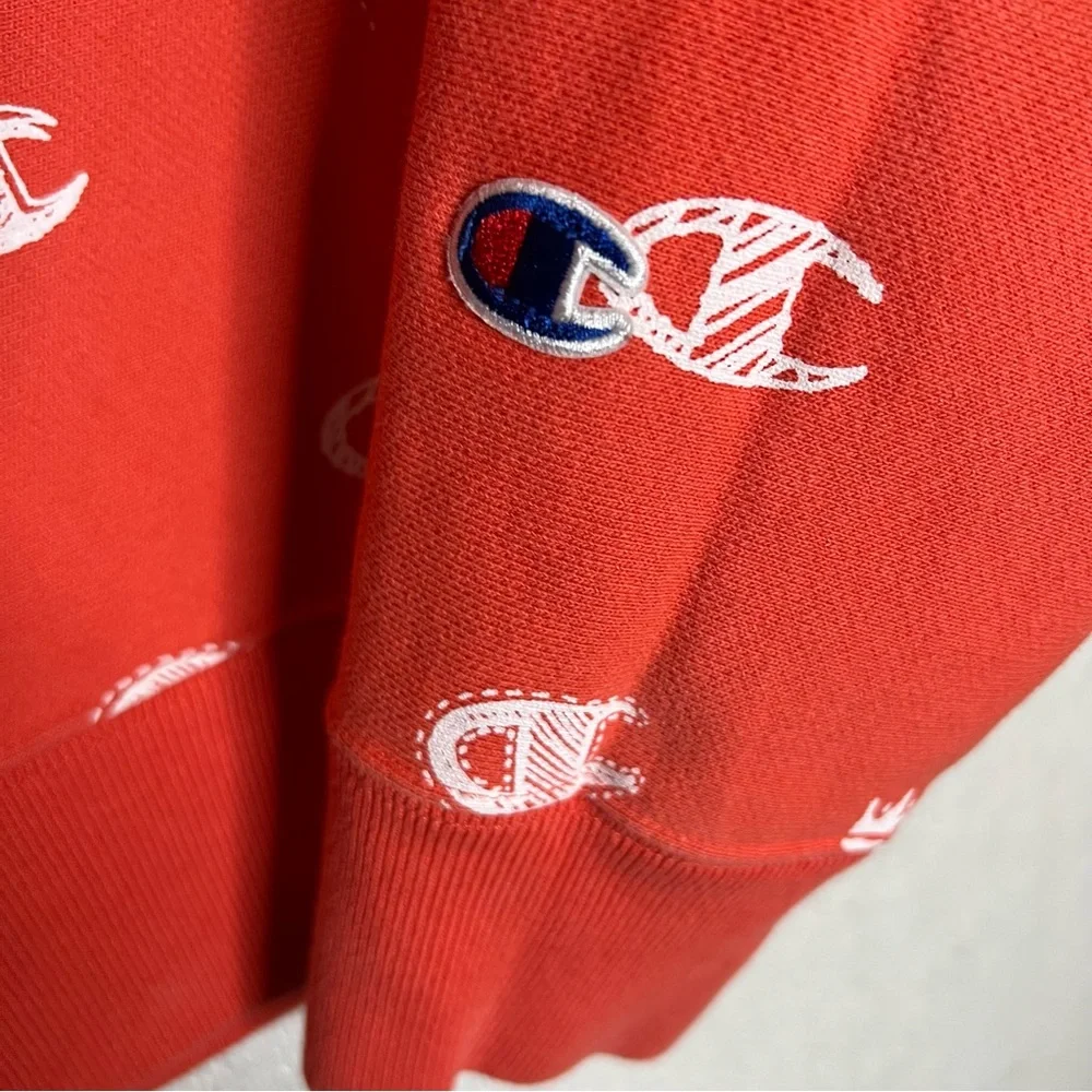 Champion Reverse Weave Orange All over Logo Print Sweatshirt Size S